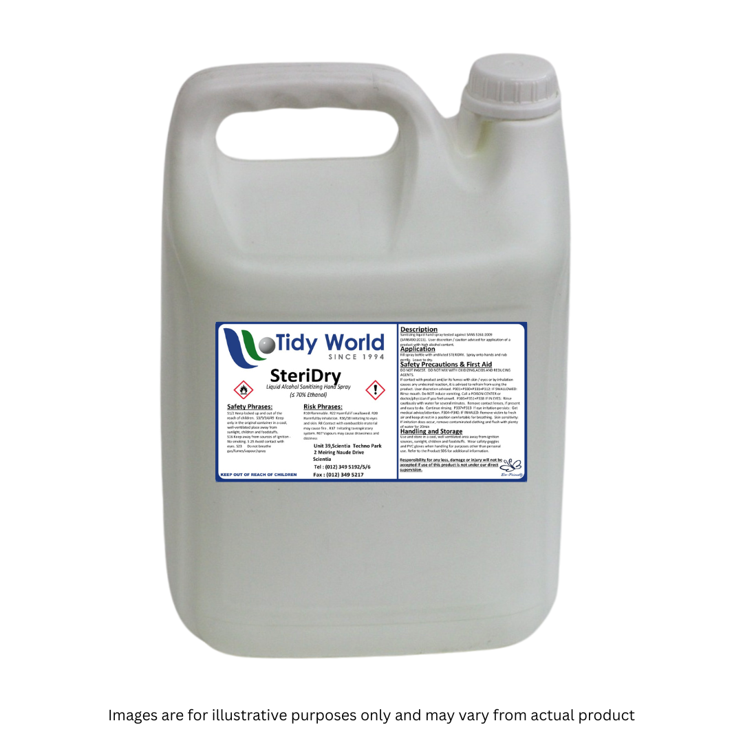 TIDY STERIDRY | 70% ALCOHOL BASED SANITIZING LIQUID HAND SPRAY-5L